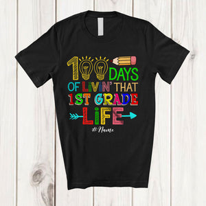 MacnyStore - Personalized Custom Name 100 Days of Livin' 1st Grade Life; Lovely 100th Day Of School Lights Bright T-Shirt