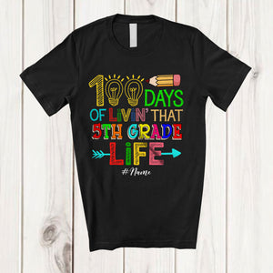 MacnyStore - Personalized Custom Name 100 Days of Livin' 5th Grade Life; Lovely 100th Day Of School Lights Bright T-Shirt