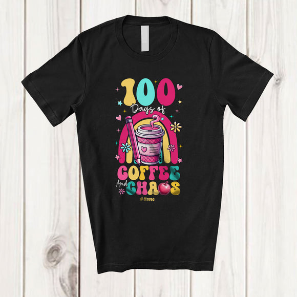 MacnyStore - Personalized Custom Name 100 Days of School Coffee And Chaos; Adorable Rainbow Pencil T-Shirt