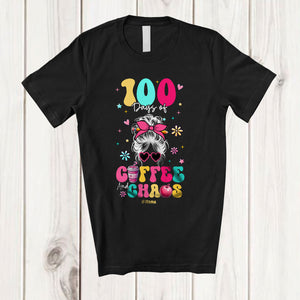 MacnyStore - Personalized Custom Name 100 Days of School Coffee And Chaos; Floral Bun Hair Girl Face T-Shirt