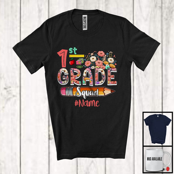 MacnyStore - Personalized Custom Name 1st Grade Squad, Floral Back To School First Day Flowers Pencil Lover T-Shirt