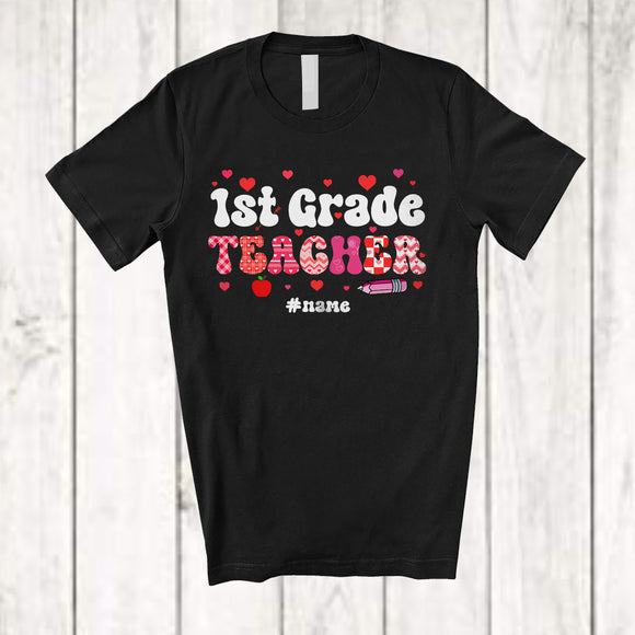 MacnyStore - Personalized Custom Name 1st Grade Teacher; Amazing Valentine Plaid Hearts; Teaching Group T-Shirt