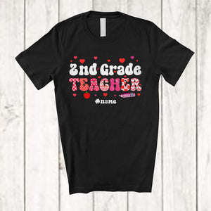 MacnyStore - Personalized Custom Name 2nd Grade Teacher; Amazing Valentine Plaid Hearts; Teaching Group T-Shirt