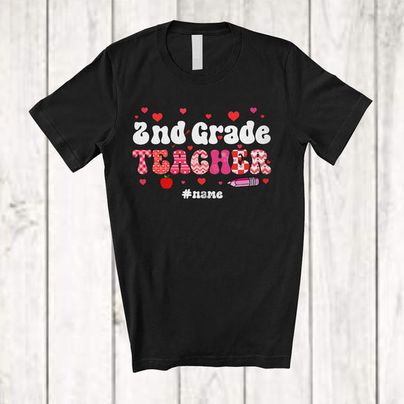 MacnyStore - Personalized Custom Name 2nd Grade Teacher; Amazing Valentine Plaid Hearts; Teaching Group T-Shirt