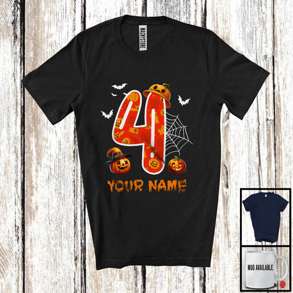 MacnyStore - Personalized Custom Name 4th Birthday; Scary Carved Pumpkin Halloween; Family Group T-Shirt