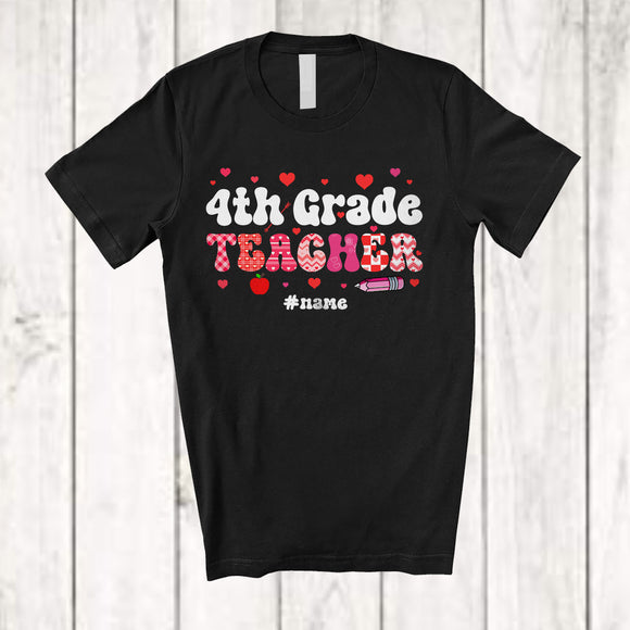 MacnyStore - Personalized Custom Name 4th Grade Teacher; Amazing Valentine Plaid Hearts; Teaching Group T-Shirt