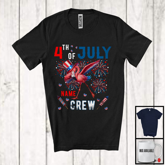 MacnyStore - Personalized Custom Name 4th Of July Crew, Joyful Dabbing Flamingo American Flag, Patriotic Group T-Shirt