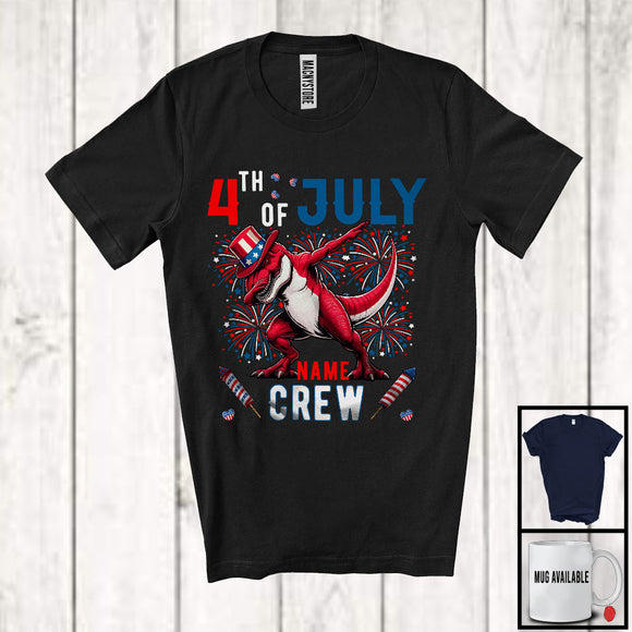 MacnyStore - Personalized Custom Name 4th Of July Crew, Joyful Dabbing T-Rex American Flag, Patriotic Group T-Shirt