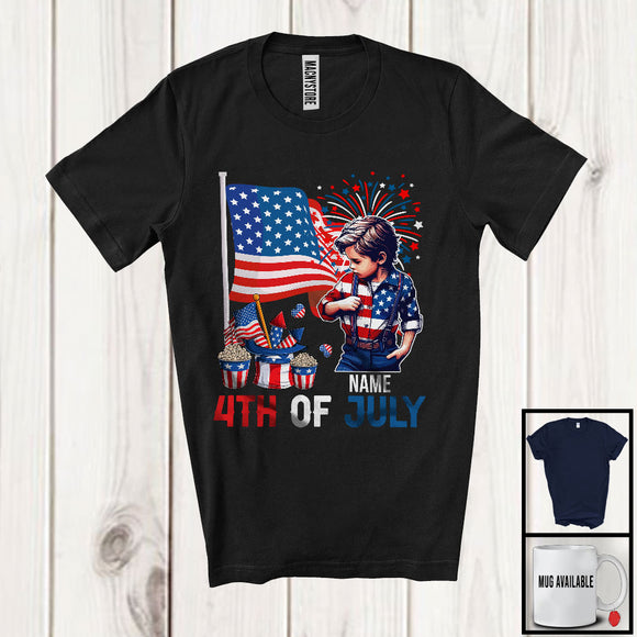 MacnyStore - Personalized Custom Name 4th Of July, Lovely American Flag Boy, Fireworks Patriotic Group T-Shirt