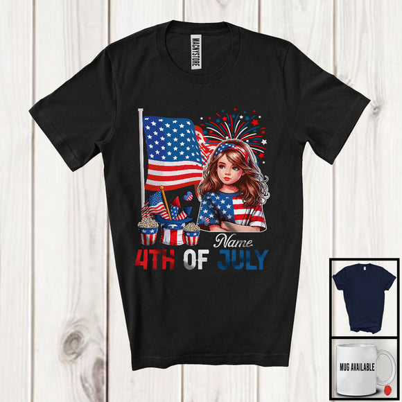 MacnyStore - Personalized Custom Name 4th Of July, Lovely American Flag Girl, Fireworks Patriotic Group T-Shirt