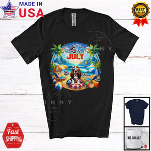 MacnyStore - Personalized Custom Name 4th Of July, Lovely Summer Vacation Basset Hound On Beach T-Shirt