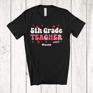 MacnyStore - Personalized Custom Name 5th Grade Teacher; Amazing Valentine Plaid Hearts; Teaching Group T-Shirt