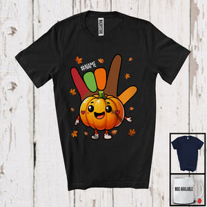 MacnyStore - Personalized Custom Name ASL Pumpkin; Lovely Thanksgiving Fall Leaves; Hand Sign Language T-Shirt