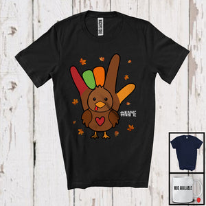 MacnyStore - Personalized Custom Name ASL Turkey; Lovely Thanksgiving Fall Leaves; Hand Sign Language T-Shirt