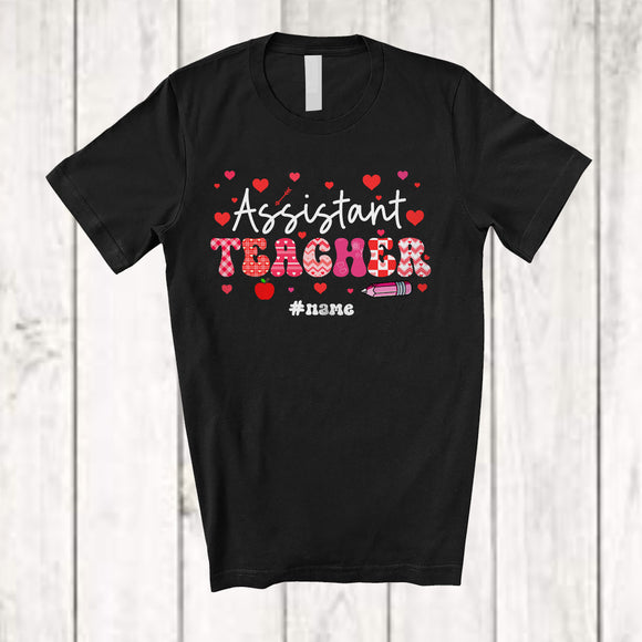 MacnyStore - Personalized Custom Name Assistant Teacher; Amazing Valentine Plaid Hearts; Teaching Group T-Shirt