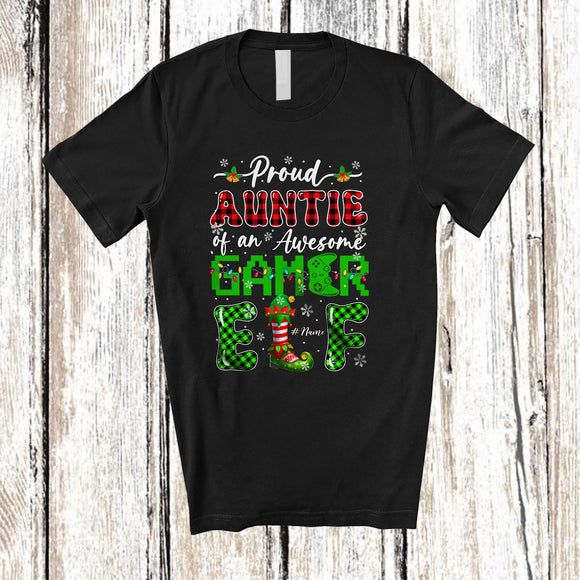 MacnyStore - Personalized Custom Name Auntie Of An Awesome Gamer Elf; Proud Mother's Day Christmas Plaid T-Shirt