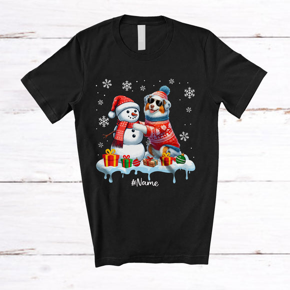 MacnyStore - Personalized Custom Name Australian Shepherd Build Snowman; Lovely Snow Santa Family T-Shirt