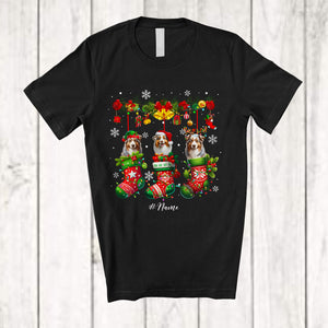 MacnyStore - Personalized Custom Name Australian Shepherd Dog In Three Christmas Socks; Lovely X-mas Lights Snow T-Shirt