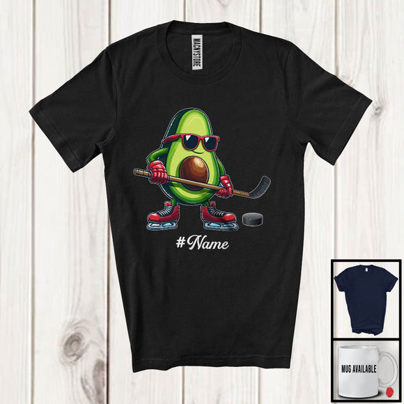 MacnyStore - Personalized Custom Name Avocado Playing Hockey, Lovely Fruit Vegan Hockey Sport Player T-Shirt