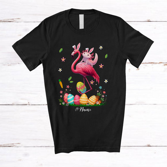 MacnyStore - Personalized Custom Name Axolotl Ridding Flamingo; Amazing Easter Eggs Hunting; Family T-Shirt