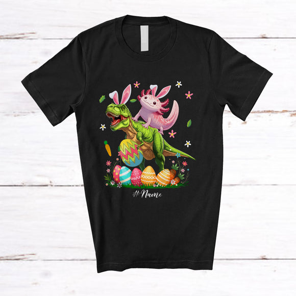 MacnyStore - Personalized Custom Name Axolotl Ridding T-Rex; Amazing Easter Eggs Hunting; Family T-Shirt