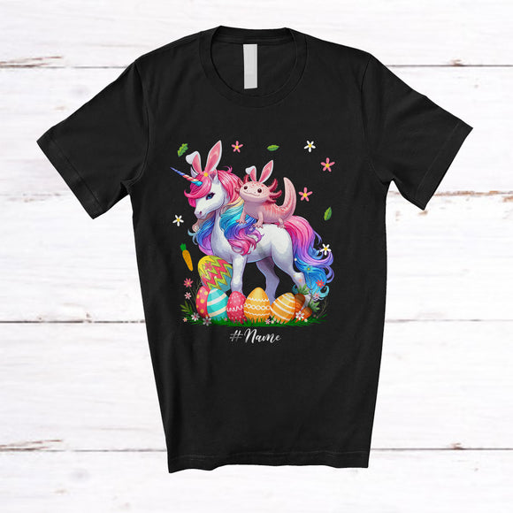 MacnyStore - Personalized Custom Name Axolotl Ridding Unicorn; Amazing Easter Eggs Hunting; Family T-Shirt