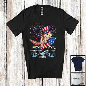 MacnyStore - Personalized Custom Name Axolotl Riding Firecracker, Lovely 4th Of July Fireworks, Patriotic T-Shirt