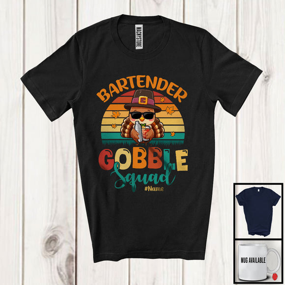 MacnyStore - Personalized Custom Name Bartender Gobble Squad; Happy Thanksgiving Vintage Retro Turkey T-Shirt