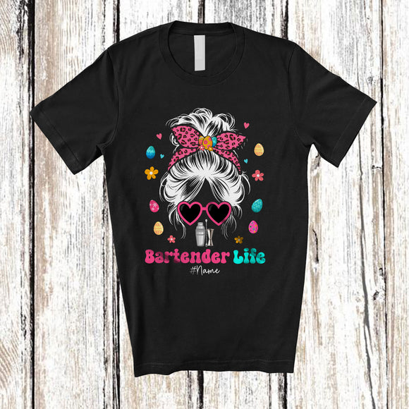 MacnyStore - Personalized Custom Name Bartender Life; Fantastic Easter Leopard Messy Bun Hair Woman; Family T-Shirt