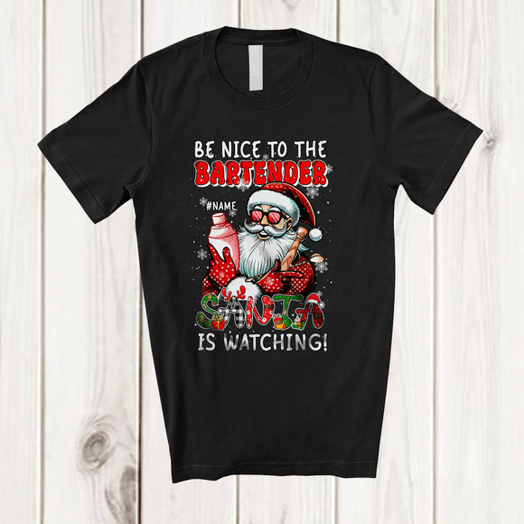 MacnyStore - Personalized Custom Name Be Nice To The Bartender; Amusing Christmas Santa Naughty; Family T-Shirt