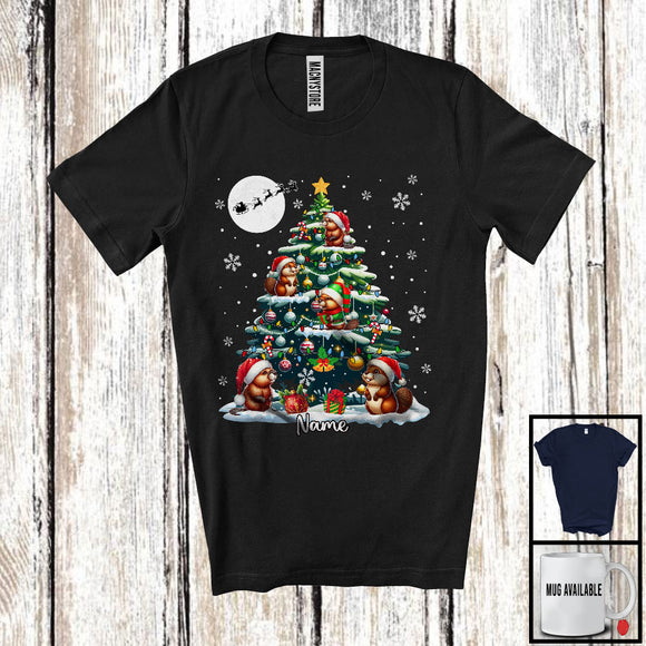 MacnyStore - Personalized Custom Name Beaver On Christmas Tree; Fantastic X-mas Rodents Animal T-Shirt