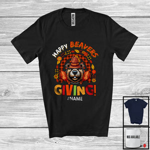 MacnyStore - Personalized Custom Name Beaversgiving; Lovely Thanksgiving Pilgrim Beaver; Plaid Rainbow T-Shirt