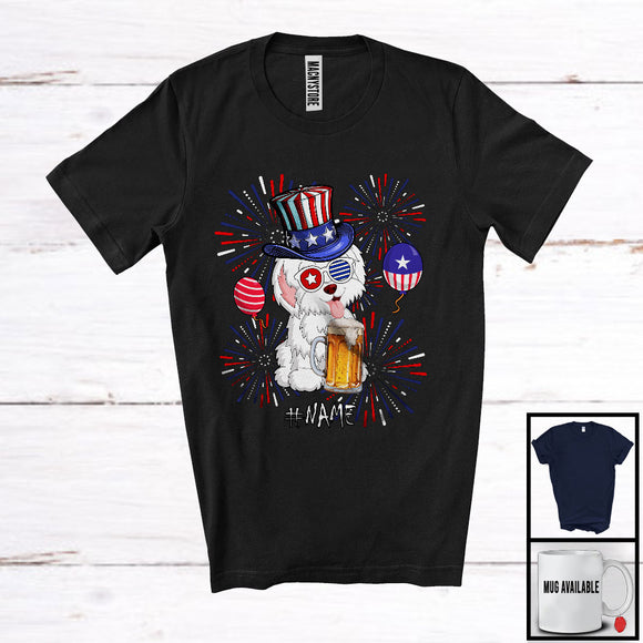 MacnyStore - Personalized Custom Name Bichon Frise Drinking Beer, Lovely 4th Of July Fireworks, Patriotic T-Shirt