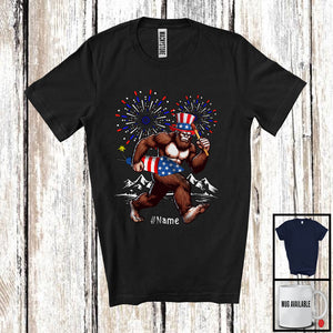 MacnyStore - Personalized Custom Name Bigfoot Riding Firecracker, Lovely 4th Of July Fireworks, Patriotic T-Shirt