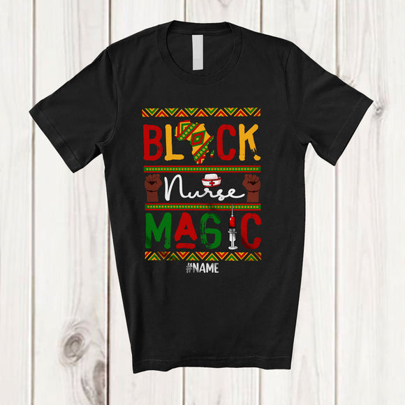 MacnyStore - Personalized Custom Name Black Nurse Magic; Joyful Black History Month Afro African Jobs T-Shirt