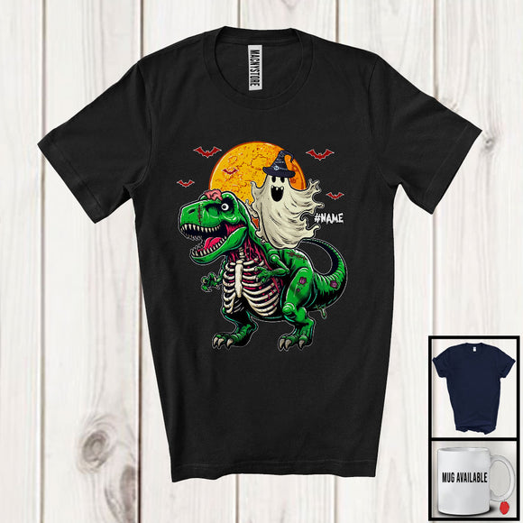 MacnyStore - Personalized Custom Name Boo Riding Zombie T-Rex; Horror Halloween Costume Moon T-Shirt