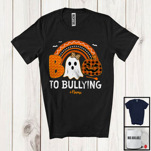 MacnyStore - Personalized Custom Name Boo To Bullying; Lovely Halloween Ghost; Anti Bully Unity Day Orange Plaid Rainbow T-Shirt