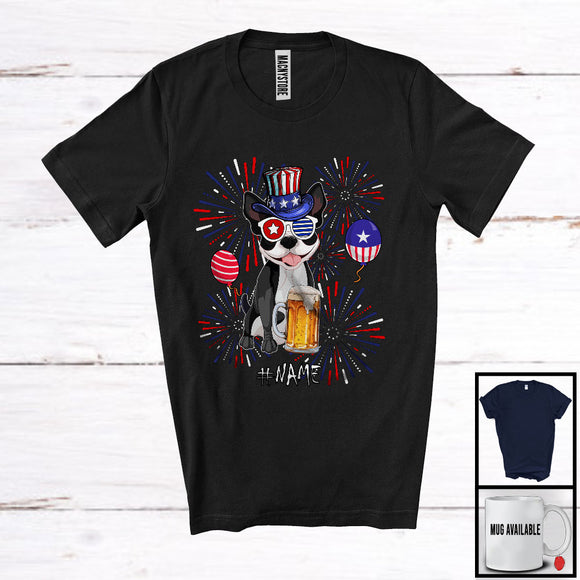 MacnyStore - Personalized Custom Name Boston Terrier Drinking Beer, Lovely 4th Of July Fireworks, Patriotic T-Shirt