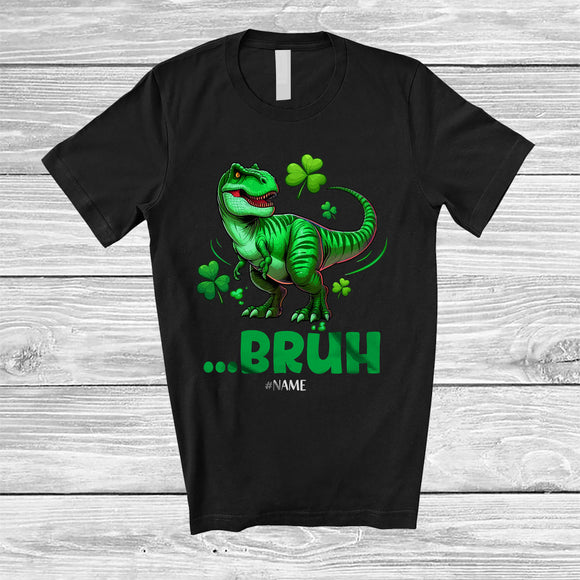 MacnyStore - Personalized Custom Name Bruh T-Rex; Joyful St. Patrick's Day T-Rex Leprechaun Shamrocks T-Shirt