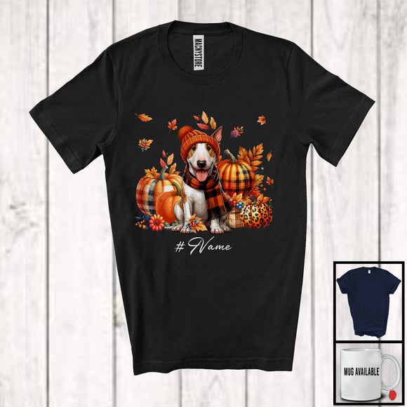 MacnyStore - Personalized Custom Name Bull Terrier Plaid Pumpkins; Thanksgiving Fall Leaves; Family T-Shirt