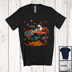 MacnyStore - Personalized Custom Name Bull Terrier Turkey On Monster Truck; Joyful Thanksgiving Fall Leaf T-Shirt