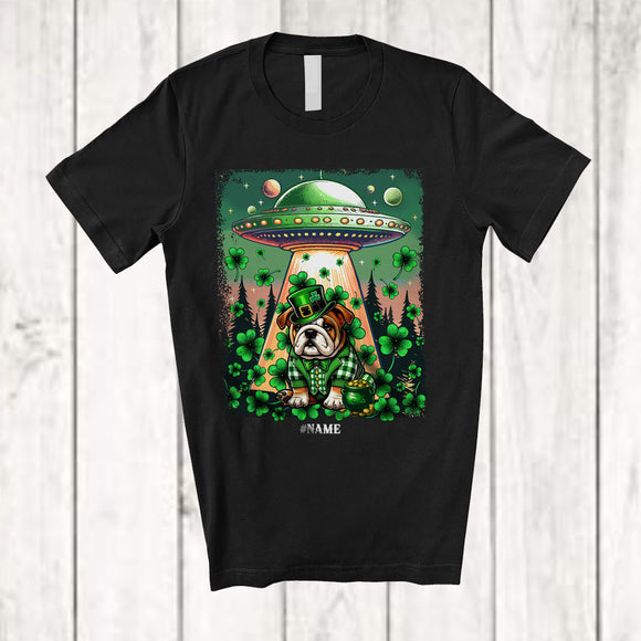 MacnyStore - Personalized Custom Name Bulldog Leprechaun UFO; Joyful St. Patrick's Day Stolen Shamrock T-Shirt