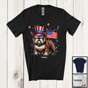 MacnyStore - Personalized Custom Name Bulldog, Lovely 4th Of July American Flag Fireworks, Bulldog Patriotic T-Shirt