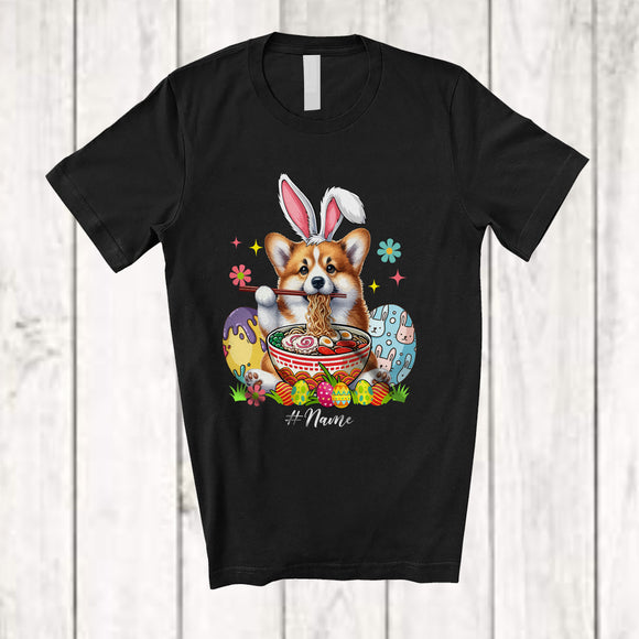 MacnyStore - Personalized Custom Name Bunny Corgi Eating Ramen Noodles; Lovely Easter Eggs Japanese T-Shirt