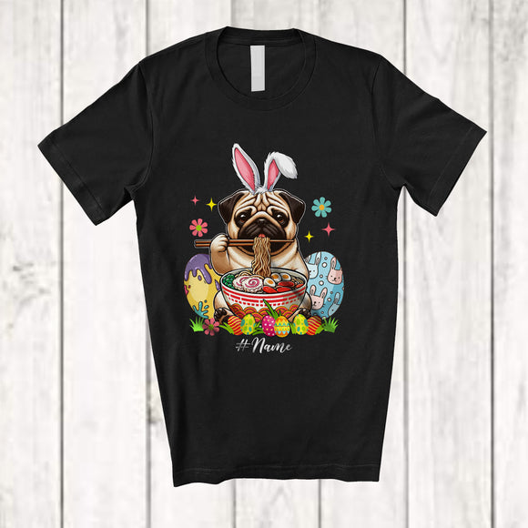 MacnyStore - Personalized Custom Name Bunny Pug Eating Ramen Noodles; Lovely Easter Eggs Japanese T-Shirt