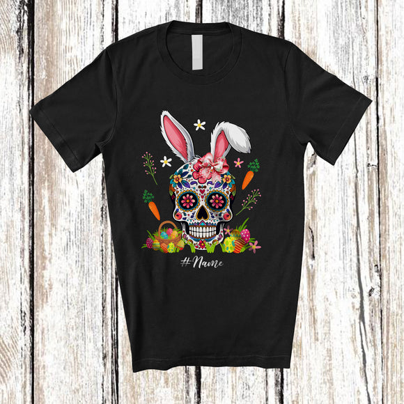 MacnyStore - Personalized Custom Name Bunny Sugar Skull With Egg Basket; Cheerful Easter Eggs Hunt; Family T-Shirt