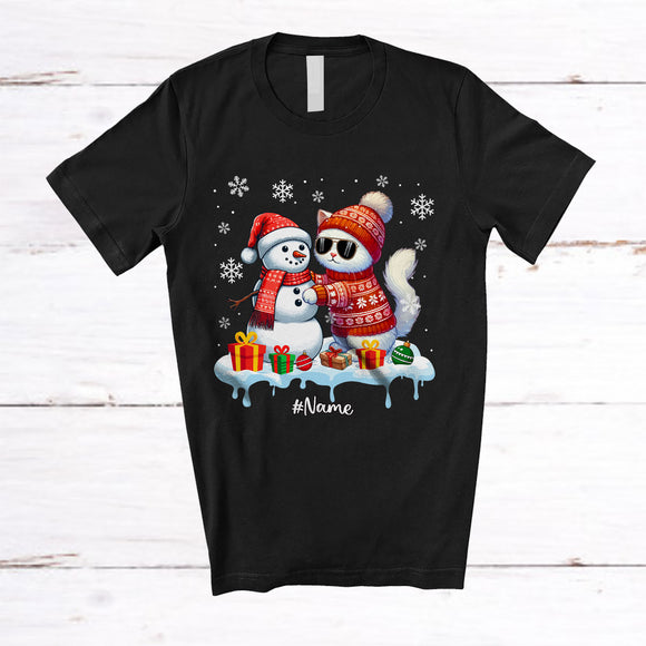 MacnyStore - Personalized Custom Name Cat Build Snowman; Lovely Snow Santa Cat; Family T-Shirt