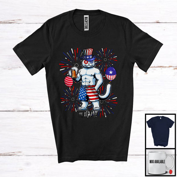 MacnyStore - Personalized Custom Name Cat Drinking Beer, Lovely 4th Of July Fireworks, Patriotic T-Shirt