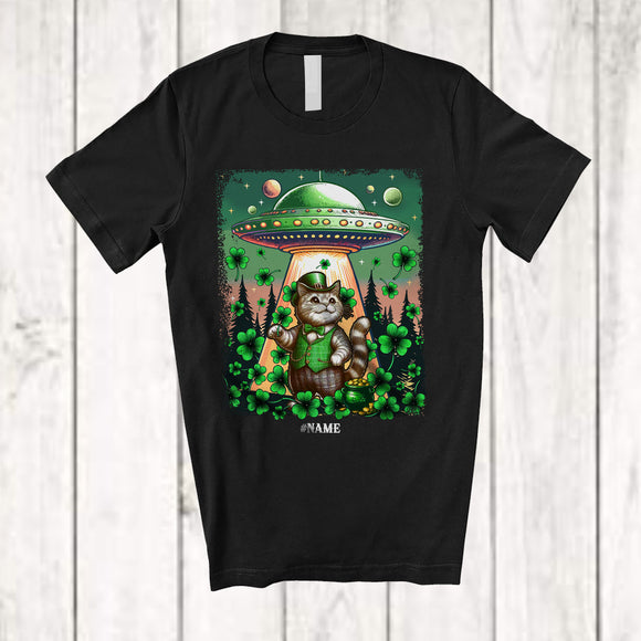 MacnyStore - Personalized Custom Name Cat Leprechaun UFO; Joyful St. Patrick's Day Stolen Cat Shamrock T-Shirt