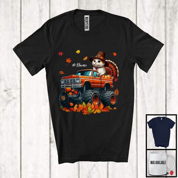 MacnyStore - Personalized Custom Name Cat Turkey On Monster Truck; Joyful Thanksgiving Fall Leaf T-Shirt